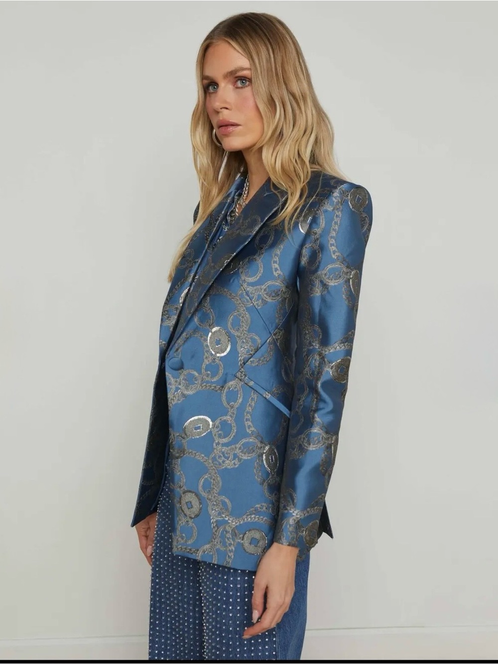 NWT L'AGENCE  Sheila Longline Jacquard Blue Silver Good Luck Chain Blazer Sz 8 - Picture 6 of 16